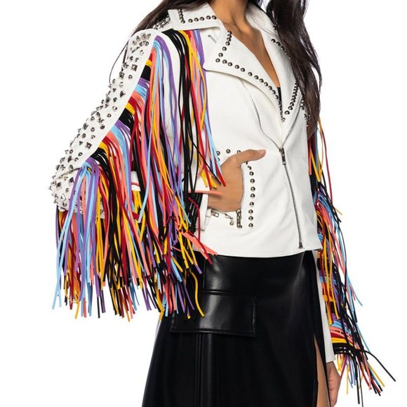 Miz God's Promise: Rainbow Fringe Studded Moto Jacket L XL - Picture 7 of 7